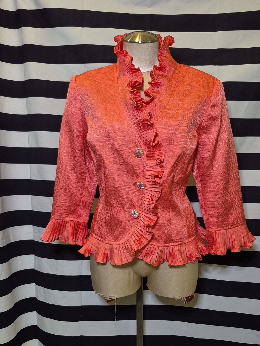 Vintage Ruffled Coral Jacket with Decorative Buttons